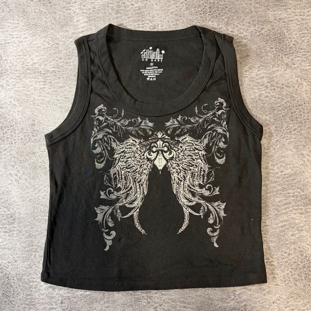 Black Embellished Distressed Angel Crop Tank Top